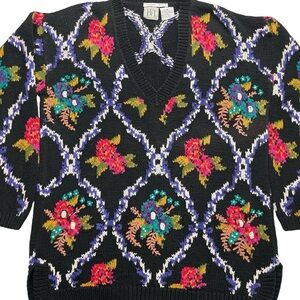 Vintage Ivy Hand Knit sweater v neck multicolor floral women’s Medium 80s 90s